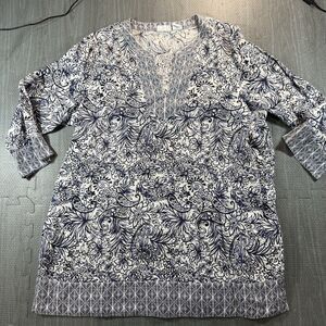 SIGRID OLSEN Blue & White 100% Linen Floral Paisley Boho Tunic Top SIZE L